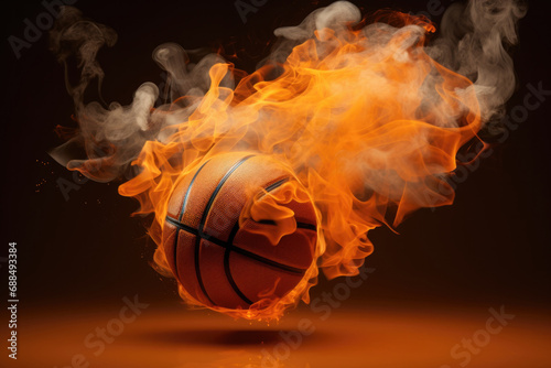 A basketball ball is on fire with smoke coming out of it. Generative AI. photo