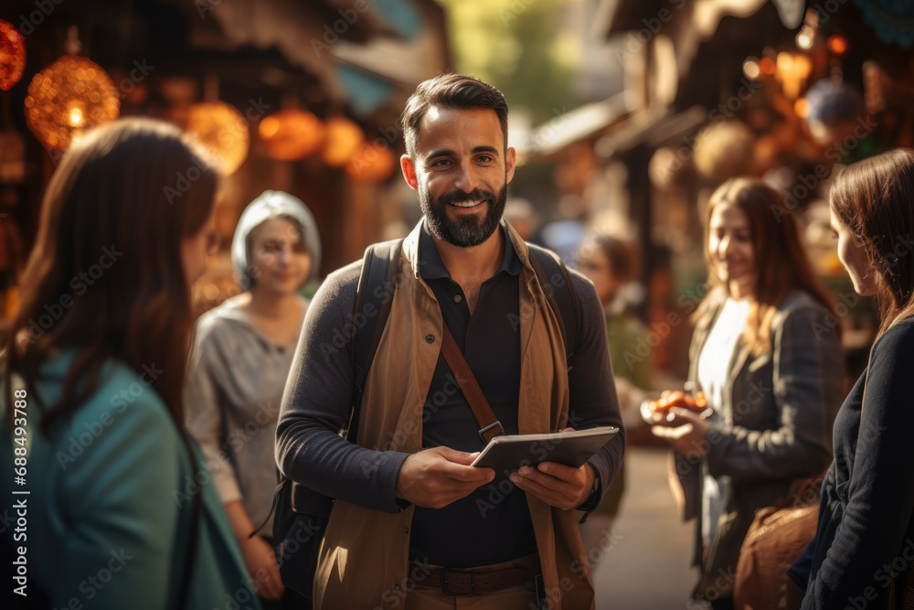 A tour guide providing insightful information to visitors, showcasing a passion for sharing knowledge about cultural landmarks. Generative Ai.