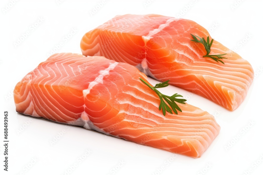 Two pieces of raw salmon steaks. Salmon piece of fresh raw fish on white background.