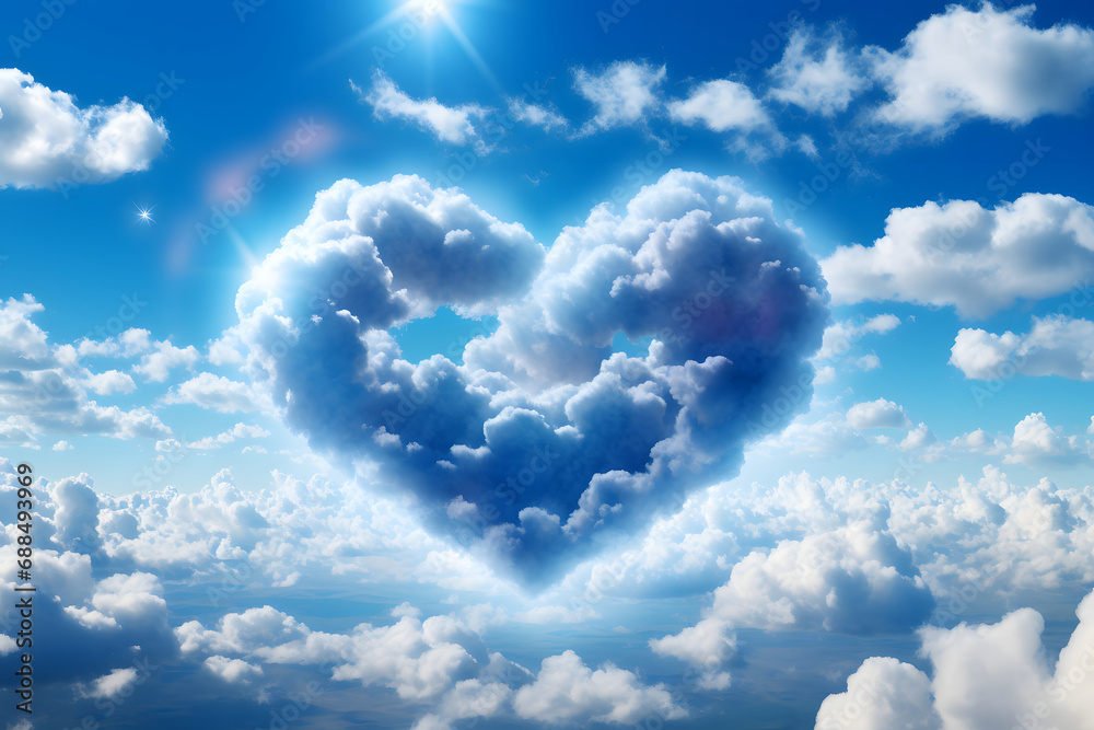 Sky background. Vibrant color cloud, blue clouds in park. Sun up in blue heart shape sky Sunny day weather, bright light Sky background. Vibrant color cloud, blue clouds in park. Sun up in blue heart shape sky Sunny day weather, bright light
