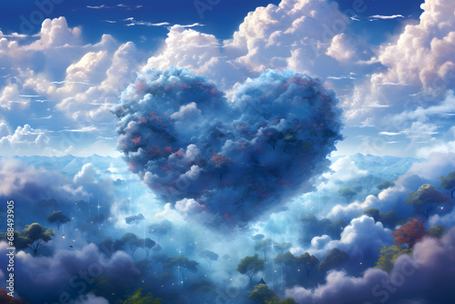 Sky background. Vibrant color cloud, blue clouds in park. Sun up in blue heart shape sky Sunny day weather, bright light © bravissimos