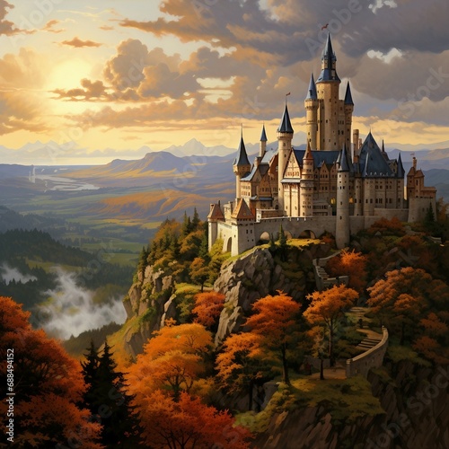 a painting of a castle on top of a mountain