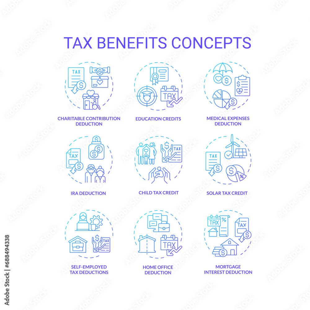 Tax benefits blue gradient concept icons. Financial planning. Fiscal policies. Tax relief and deduction. Types of tax credits. Icon pack. Vector images. Round shape illustrations. Abstract idea