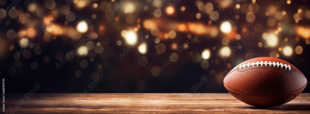 american football  ball isolated on wooden table with blurred  christmas  lights in the background, horizontal wallpaper or banner, large copy space for text. sport and show concept 