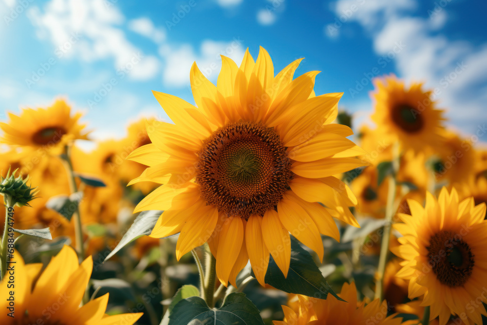 A gentle breeze wafting through a sunflower field, carrying the sweet aroma of vibrant yellow blooms. Concept of floral abundance. Generative Ai.