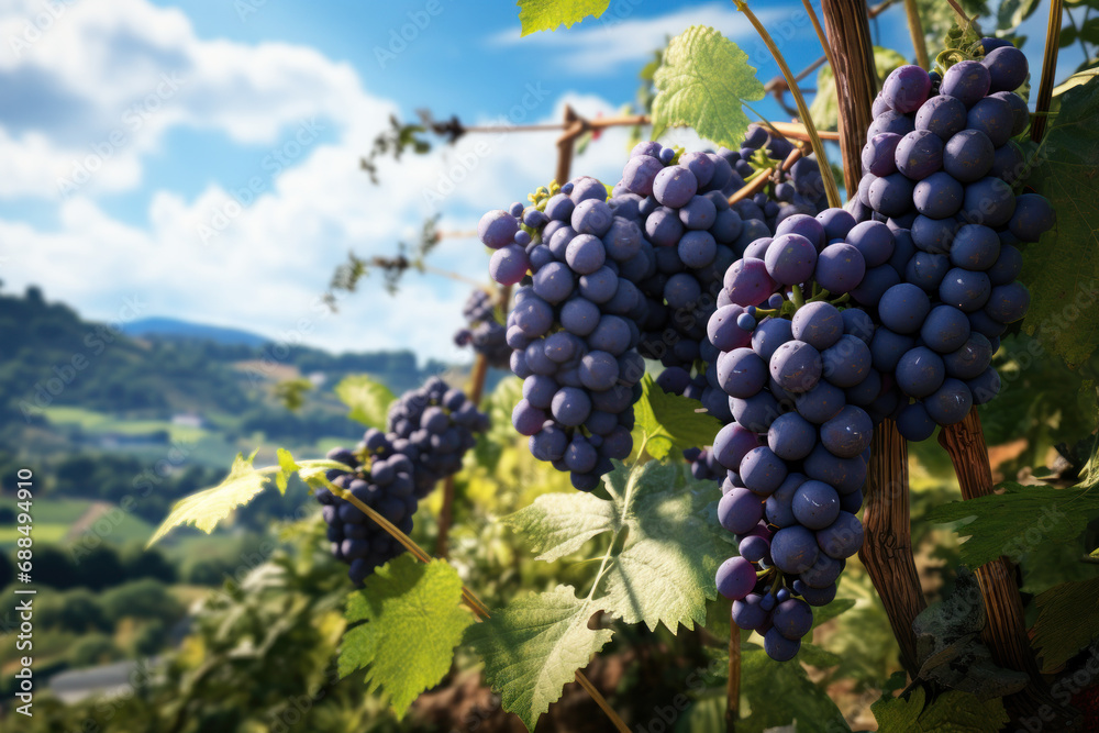 A breezy afternoon in a vineyard, carrying the fruity aroma of ripening grapes and the promise of a fruitful harvest. Concept of vineyard vitality. Generative Ai.