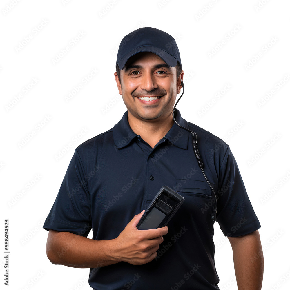 Portrait of smiling security holding a phone for communication isolated on white background Portrait of smiling security holding a phone for communication isolated on white background