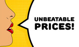 Unbeatable prices sign. Flat, color, talking female lips, unbeatable prices sign. Vector icon