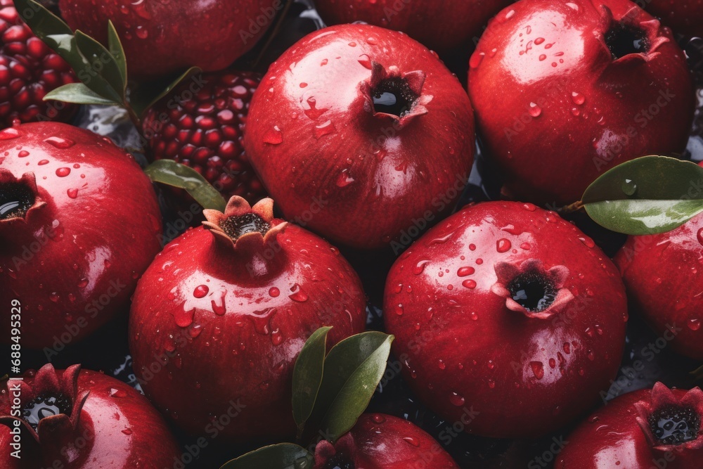 Bright ripe pomegranates stacked on top of each other. Juicy split pomegranate.