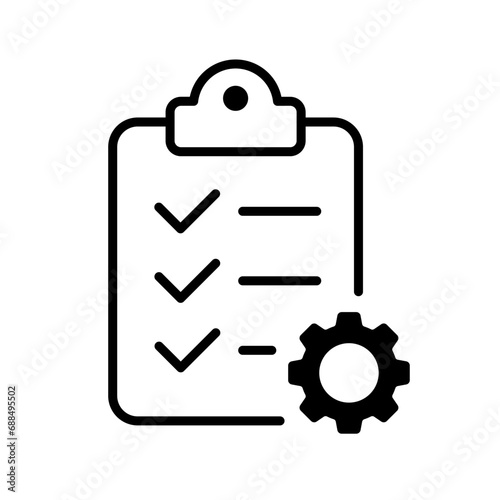 Checklist with check marks and gear. Linear, checklist with check marks, gear settings design. Vector icon