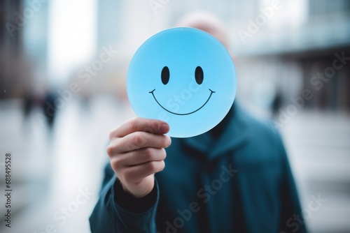 The man is holding a blue smiling paper emoji. A blue paper emoji with a drawn smile.