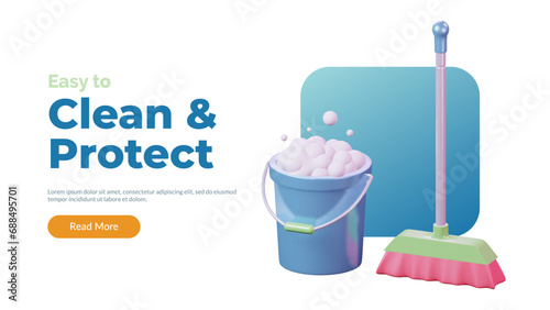 3d Bucket water foam and mop broom icon. household chores or housekeeping floor cleaning equipment. healthcare social media and website template concept. vector illustration cartoon render