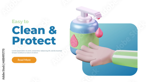 3d Hand sanitizer. Washing hand with sanitizer liquid soap. Clean and Disinfect icon. Sanitary and hygiene medical. healthcare social media and website template concept. vector illustration render