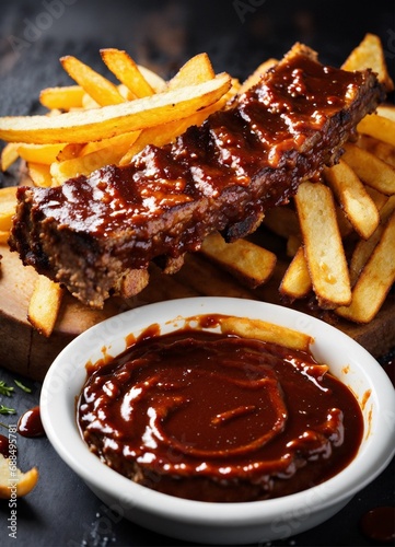 ribs with chips to combine with spectacular splashes of barbecue sauce. creative dynamic composition varies angle. macro food photography  taken by an expensive  very high-tech camera. eye-catching  e