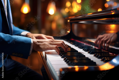A musician's fingers dancing on piano keys, producing a harmonious melody that resonates with emotional depth. Concept of musical creativity. Generative Ai.