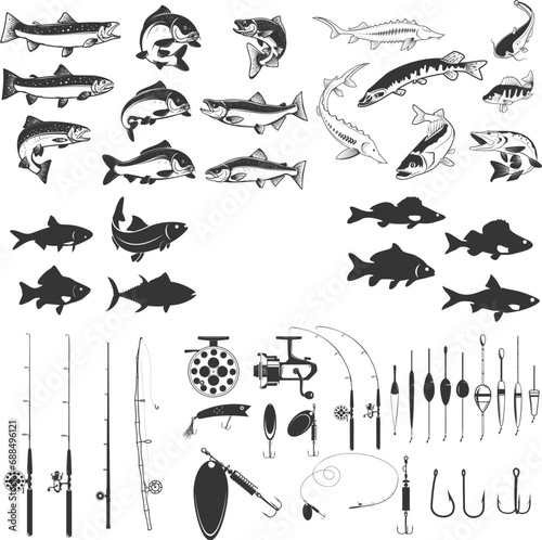 set of Fishing labels design elements. Rods and  fish icons. Design elements for logo, label, emblem, sign, badge. Vector illustration.