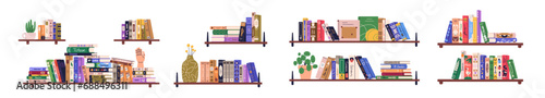 Book rows, stacks on shelves set. Kids literature spines, school textbooks and plants on bookcase, bookshelf. Home library. Colored flat graphic vector illustrations isolated on white background