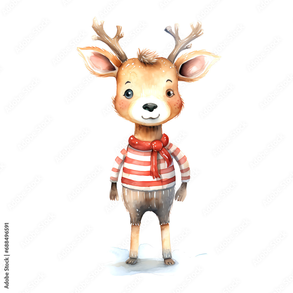 Fototapeta premium Watercolor Christmas Deer. Clipart. AI generated.