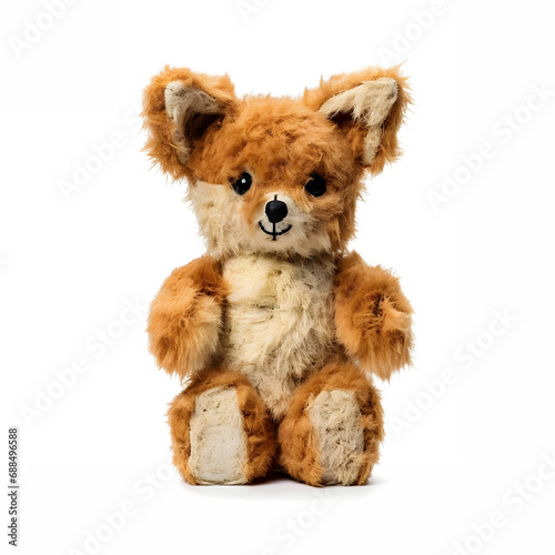 Fox made of fur, mad crazy single crooked hideous waste ugly defective, raw, ragged, isolated on white