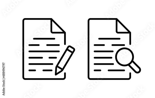 Document icons with pencil and magnifying glass. Outline, document icons with a pencil or magnifying glass inside. Vector icons