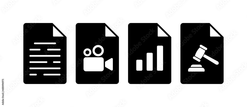 Document icons with camera, chart, court gavel. Linear, documents with camera, schedule, judge's gavel. Vector icons Document icons with camera, chart, court gavel. Linear, documents with camera, schedule, judge's gavel. Vector icons