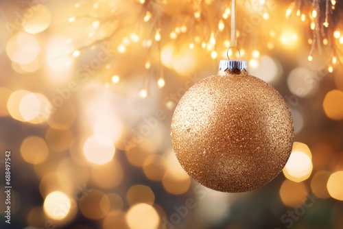 A close-up of a Christmas ornament hanging on the tree  with sparkling bokeh lights around it.