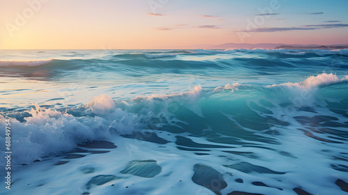 A boundless ocean, with endless waves and a distant horizon as the background, during a tranquil evening