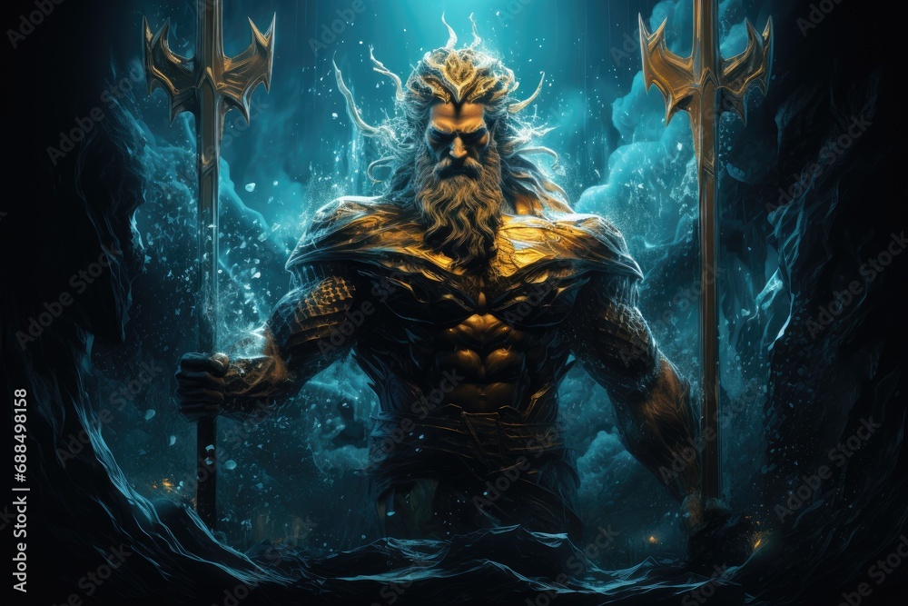 muscular bearded Poseidon in golden crown standing among stormy splashing seawater and holding trident in darkness.by Generative AI. - obrazy, fototapety, plakaty 