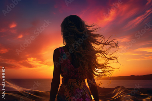 A woman's silhouette against a vibrant sunset, celebrating the natural beauty and strength found in feminine grace. Concept of feminine allure. Generative Ai.