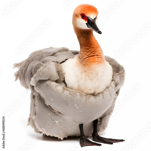 Duck made of fur, mad crazy single crooked hideous waste ugly defective, raw, ragged, goose isolated on white photo