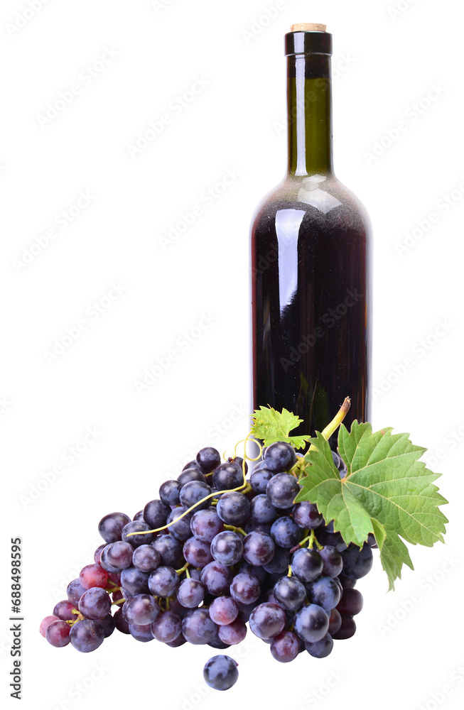 Bottle of wine and grape isolated