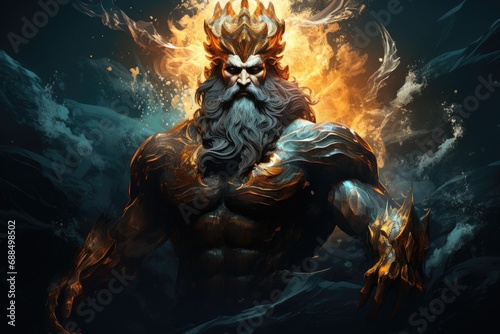 muscular bearded Poseidon in golden crown standing among stormy splashing seawater and holding trident in darkness.by Generative AI. © chartchai