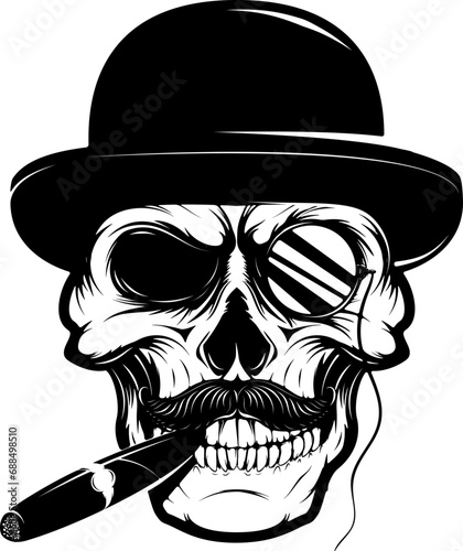 Skull in hat with cigar and monocle. Design element for logo, label, emblem, sign, brand mark, t-shirt print. Vector illustration.