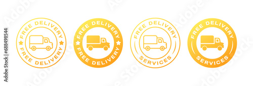 Free delivery stamps. Flat, yellow, truck icon, free delivery gold stamps, free delivery stickers. Vector icons