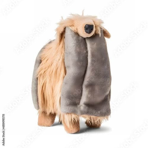 Sheep made of fur, mad crazy single crooked hideous waste ugly defective, raw, ragged, ram isolated on white
