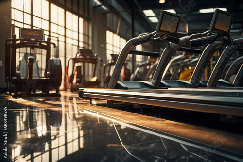 The flawlessly wiped and sanitized gym equipment, underlining the significance of maintaining cleanliness in fitness and workout spaces. Concept of gym hygiene. Generative Ai.