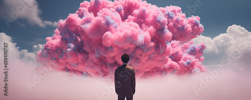 Man alone with pink cloud against background.