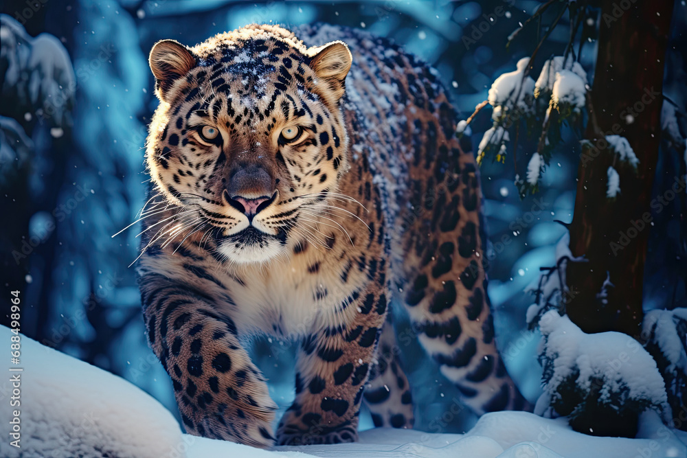 a leopard walking through the snow forest a leopard walking through the snow forest