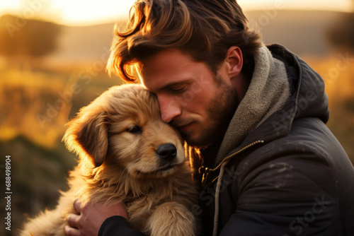 A sweet puppy giving gentle kisses to its doting owner. Concept of unconditional love. Generative Ai.