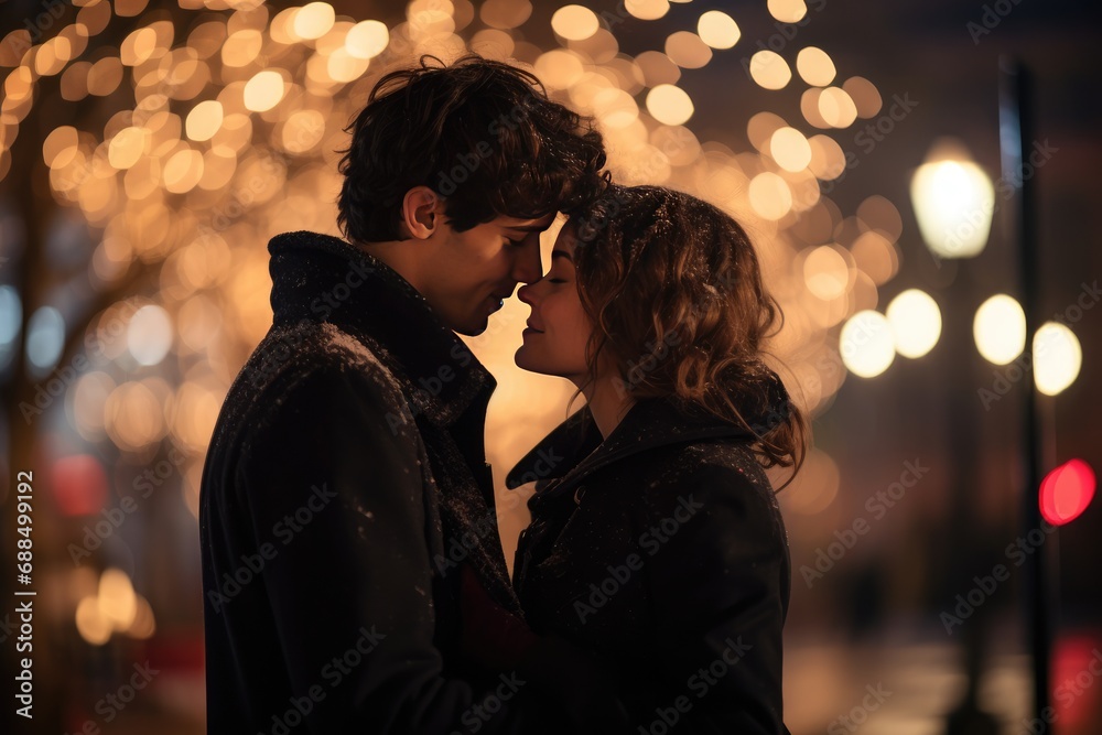 Close-up of a couple exchanging a kiss under the mistletoe, surrounded by soft bokeh lights. Close-up of a couple exchanging a kiss under the mistletoe, surrounded by soft bokeh lights.