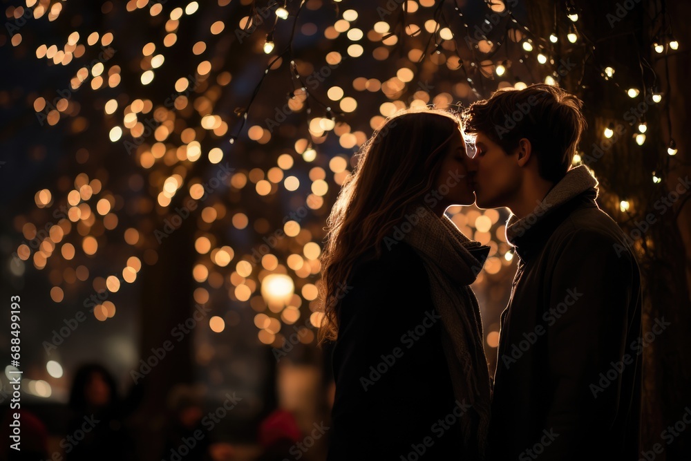 Close-up of a couple exchanging a kiss under the mistletoe, surrounded by soft bokeh lights.