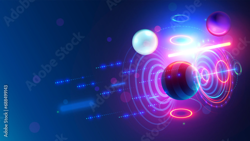 Abstract futuristic technology background with 3d objects in space on a dark blue background. Neon glowing geometric shapes hang in the air in 3d space. Abstract tech banner in a modern style.