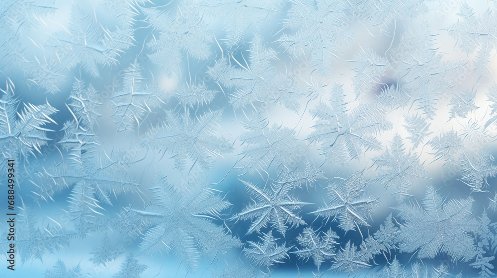 Delicate ice crystals form a natural lacework on a wintry windowpane