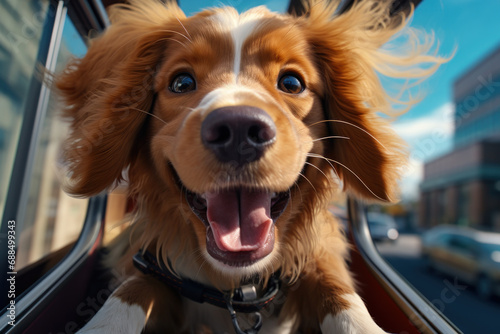 A playful pup savoring the thrill of a car ride, head out the window. Concept of joyful adventure. Generative Ai.