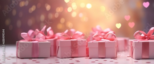 Close up of Valentine's Day presents. White gift boxes with red ribbon bow tag over blurred heart shape bokeh background with lights. © lanters_fla