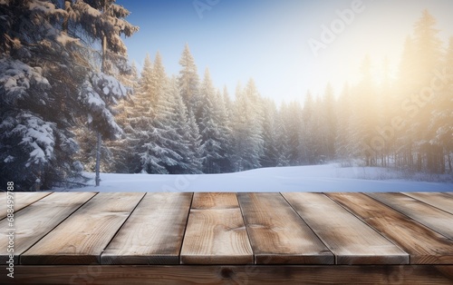 Empty wooden floor or table, display with winter theme background. Beautiful snowy forest landscape. © lanters_fla