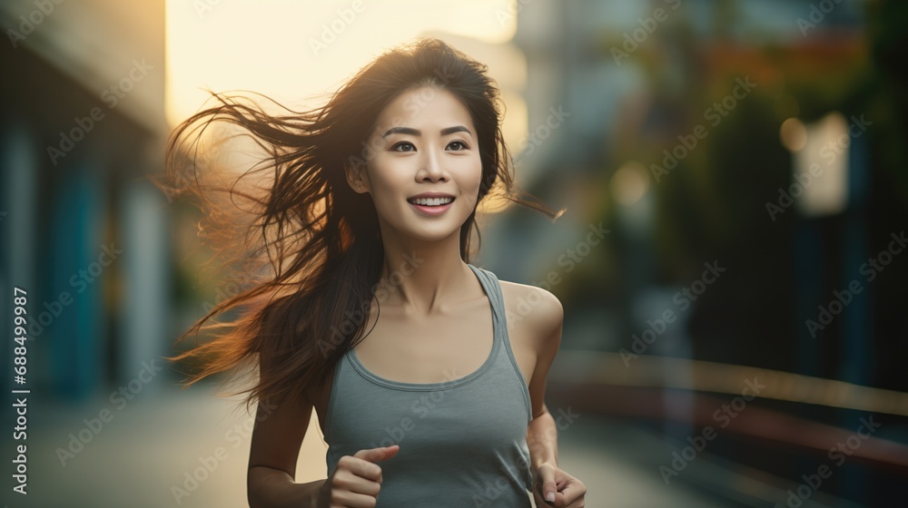 Healthy Asian young woman running in the city street in the morning.