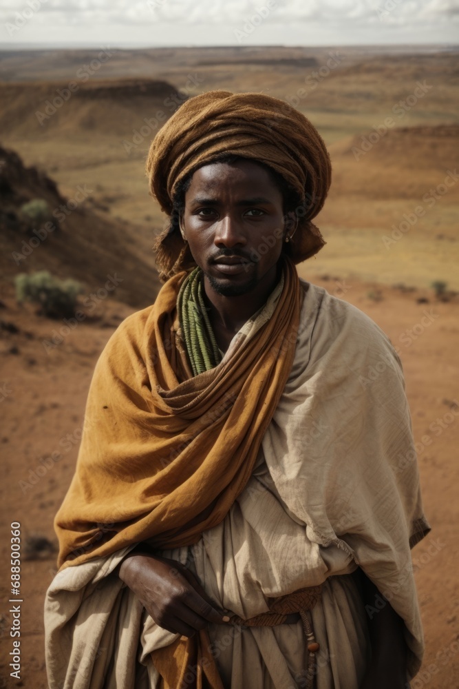 Portrait of an Ethiopian man on the background of highlands and plains.