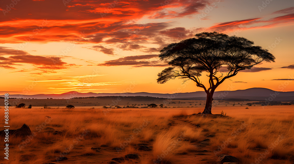 A boundless savanna, with a vast grassland as the background, during a golden sunset