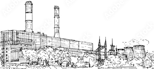 Large landscape cogeneration power station.  Ink sketch combined heat and power CHPP-25,  Generala Dorokhova street, 16, Moscow